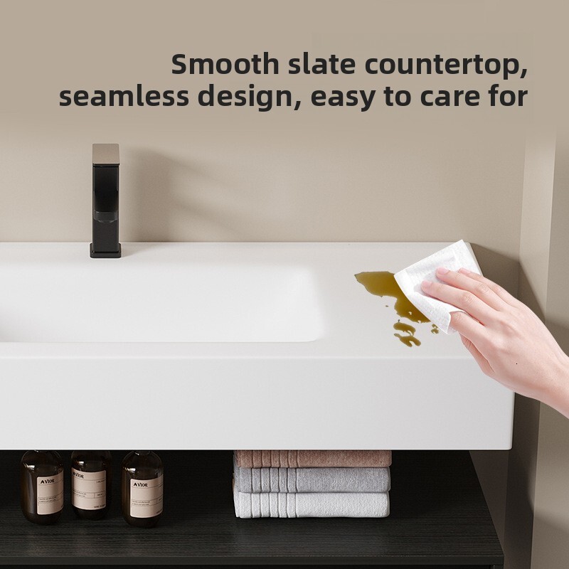 Bathroom Cabinet with Rock Slab Curved Integrated Basin, Multi-layer Solid Wood Wash Basin Set for Home Use