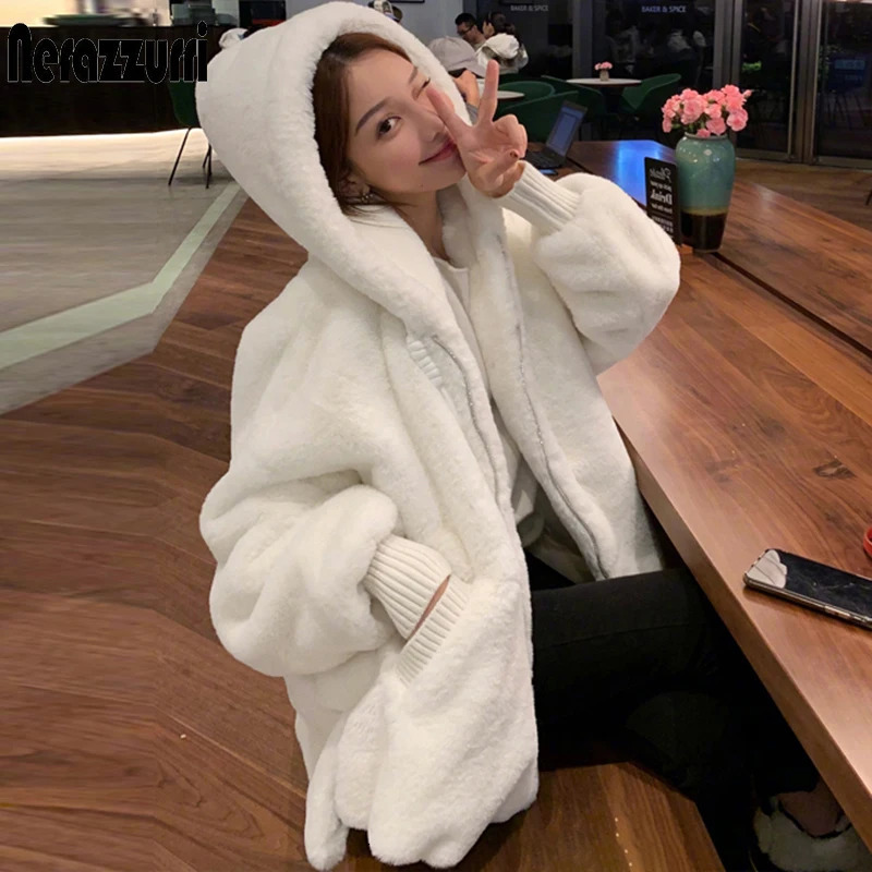 Nerazzurri Winter white oversized faux fur jacket women with hood raglan sleeve zipper Korean fashion clothing for womens 251029