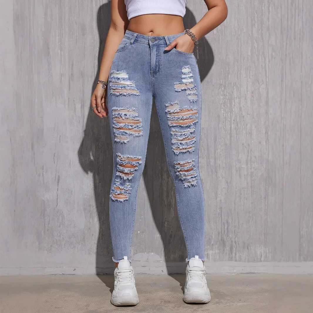 2025 Spring High Waist Skinny Jeans Women Stretch Ripped Light Blue Denim Pants Ankle Length Slim Fit Casual Trousers XSXXLT251013