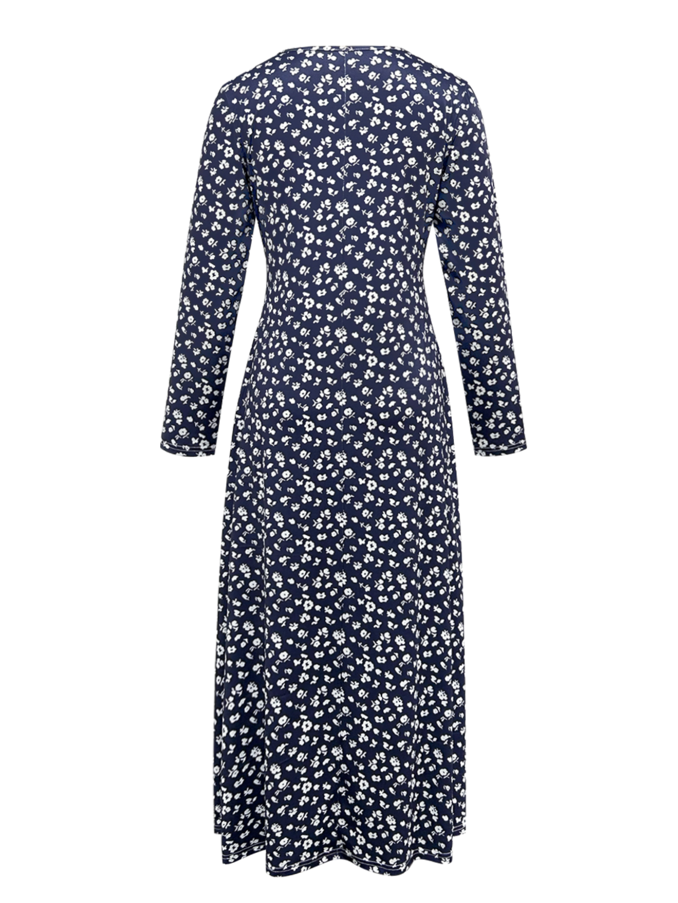 Women's Autumn Winter Fashion Ditsy Floral Midi Dress - Versatile Party & Slimming & Body - Shaping Navy Blue Dress-CF55199