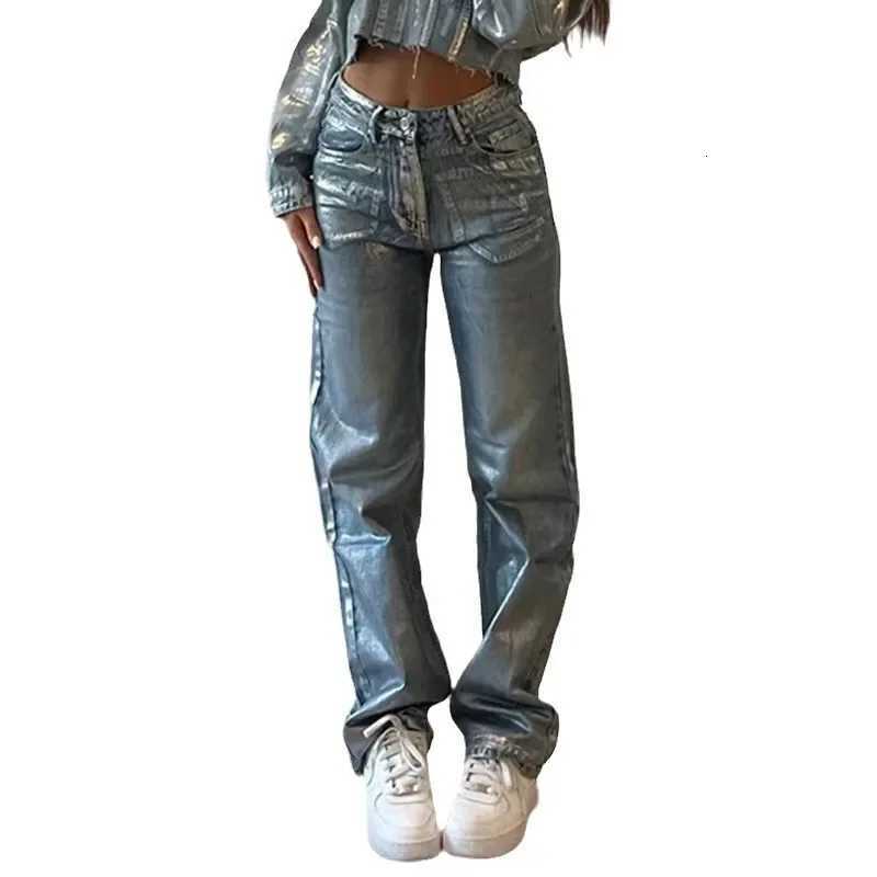 High Waist Straight Leg Long Jeans Womens Autumn Washed Blue Silver Heat Transfer Black Heat Transfer Versatile Casual JeansT251013