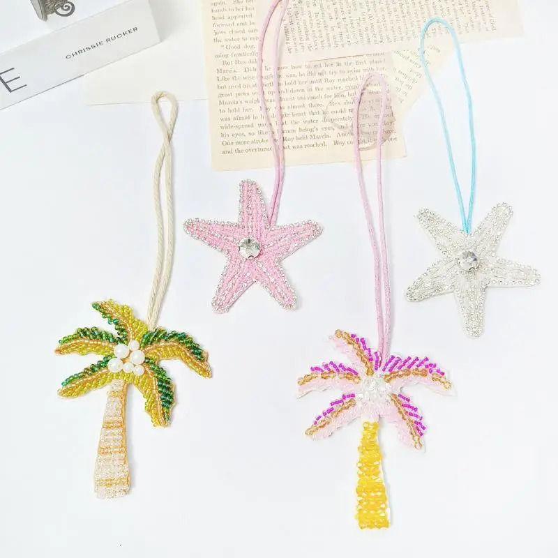 Coconut Tree Applique Patch Crystal Starfish Sequin Handmade Beaded Clothing Sew On Patches Hanging Rope Keyring Bag Pendant 251010