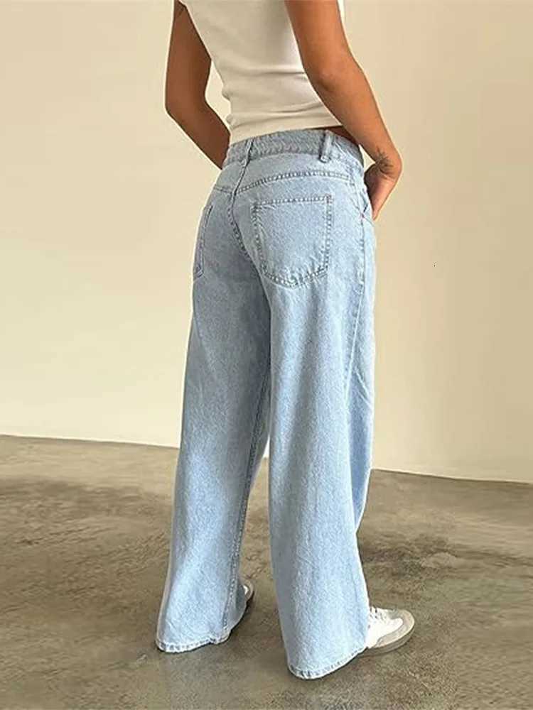 Low Rise Washed Straight Denim Pants for Women Wide Leg Vintage Dragging Jeans Distressed High Street Trousers Casual StreetwearT251013