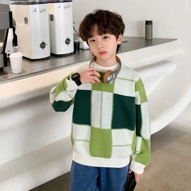 2025 Spring Autumn New Boys Plaid Flannel Sweater LooseKnit Thickened FleeceLined Childrens SweaterKids Winter Coat C251013