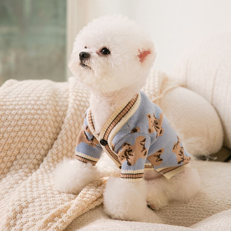 Winter and Autumn Little Pet Dog Clothes Full Print Cute Sweater Cat Two Leg Cardigan Small and Medium sized Dog Teddy Pet Clothes