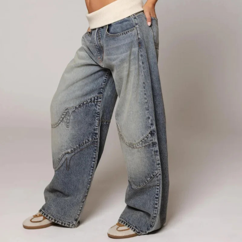 Hip Hop Splice Fashion Basics Retro Jeans for Womens Simple Dressing Up Daily Necessary Wide Leg Pants Baggy Cargo Pants 251013