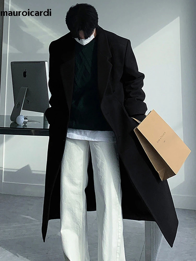 Mauroicardi Autumn Winter Long Thick Warm Soft Fitted Woolen Coat Men Single Breasted Cool Chic Wool Blends Overcoat 251009