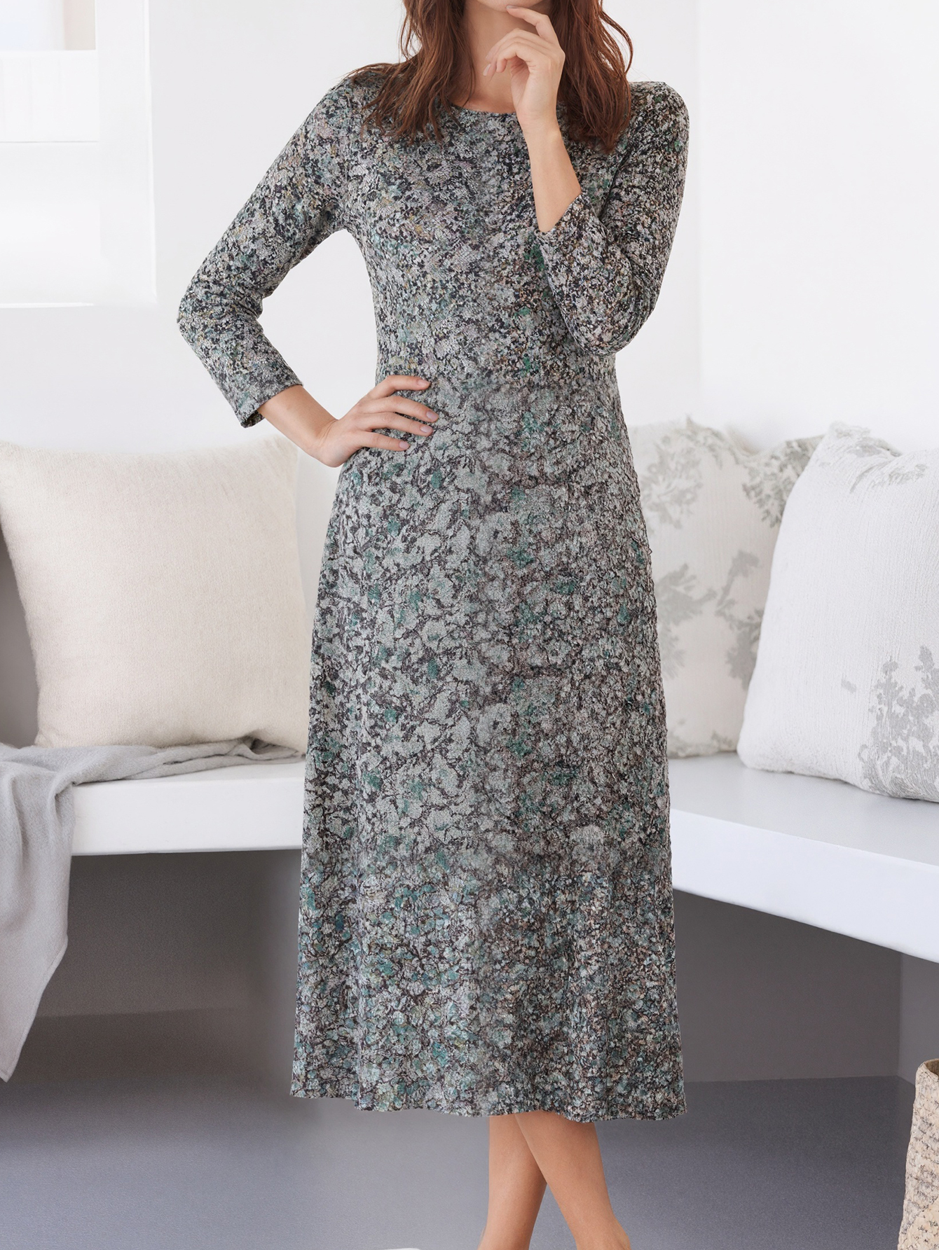 Women's Autumn New Fashion Mom - Style Casual All - Over Printed Midi Dress-CF53859