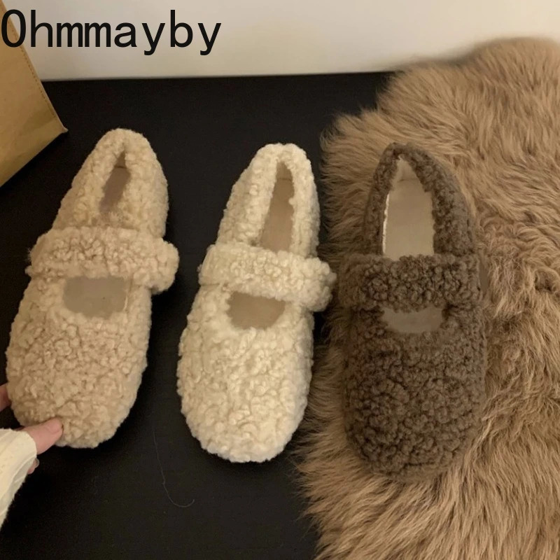 Lambwool Women Flats Shoes Fashion Round Toe Slip On Shoes Warm Cartoon House Shoes For Winter 251008
