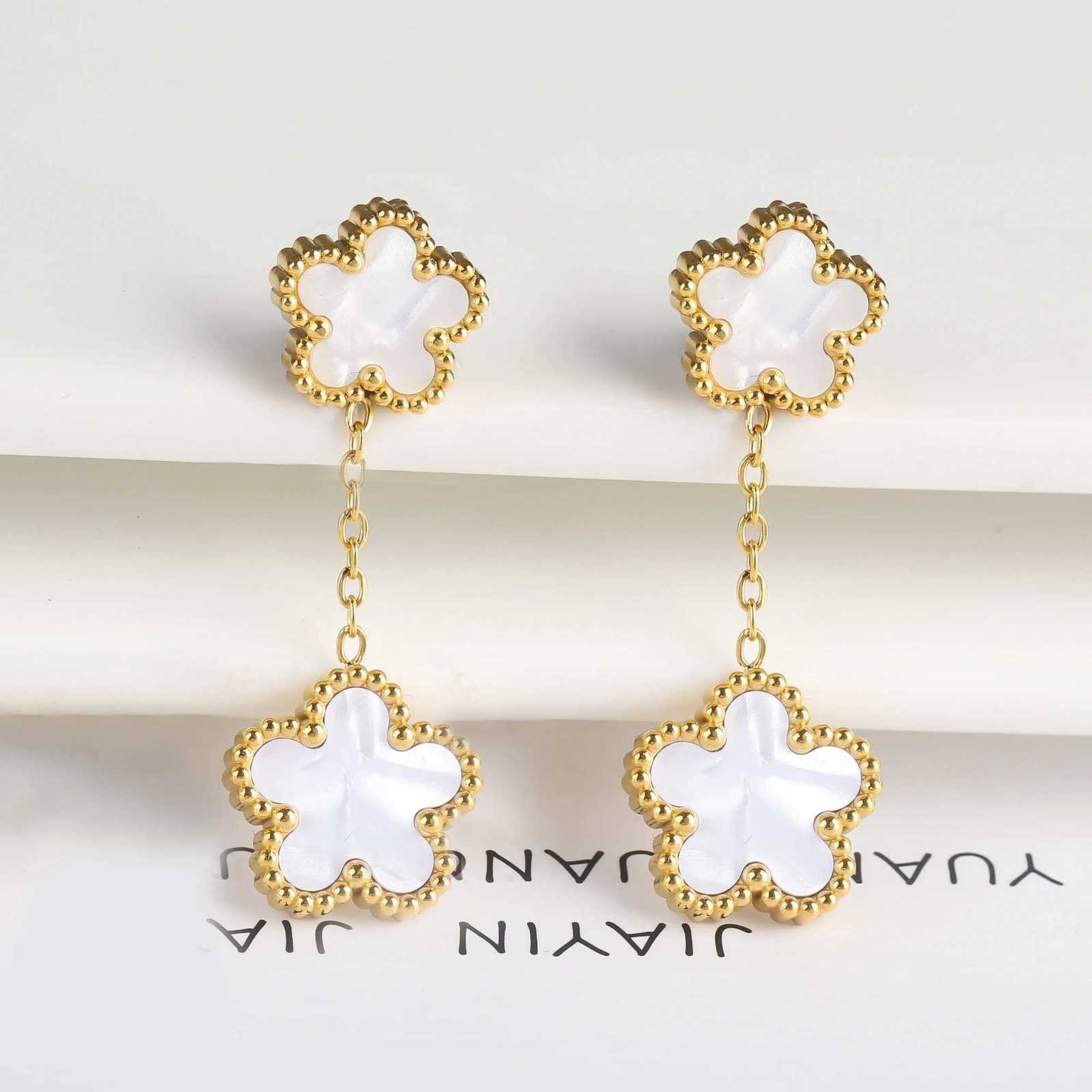 Luxury Stainless Steel Double Layer Five Leaf Flower Drop Earrings Fine Party Wedding Gift Temperament for Woman Flower JewelryW251013