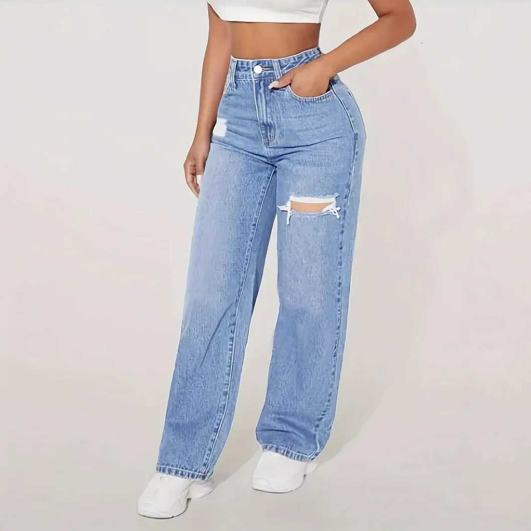 2025 Washed Ripped Highwaisted Wideleg Jeans New Four Seasons Fashionable and Versatile Casual Floorlength Jeans for WomenT251013