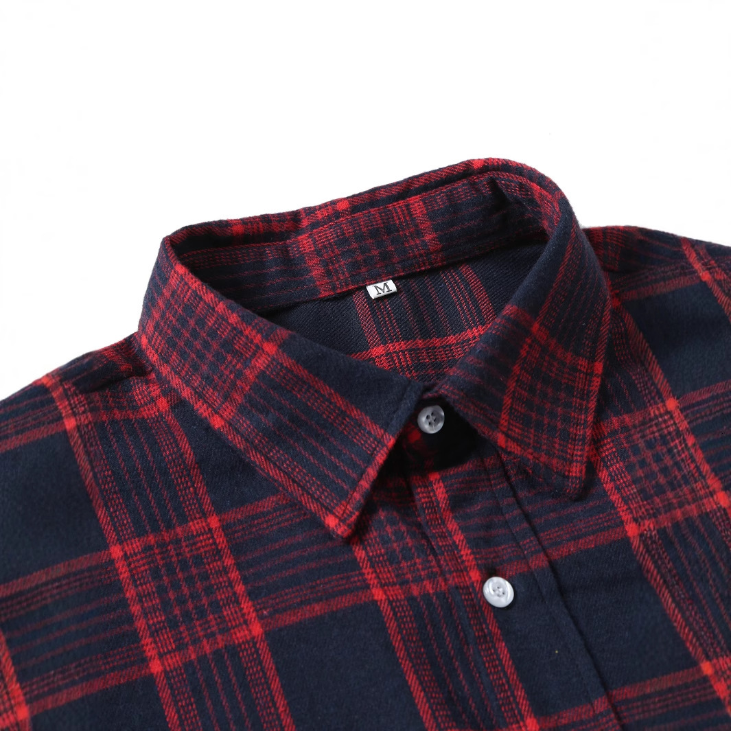 Youth Fashion Turn-down Collar Red Brushed Plaid Long Sleeve Shirt Business Casual Shirt Men's Autumn Winter Top