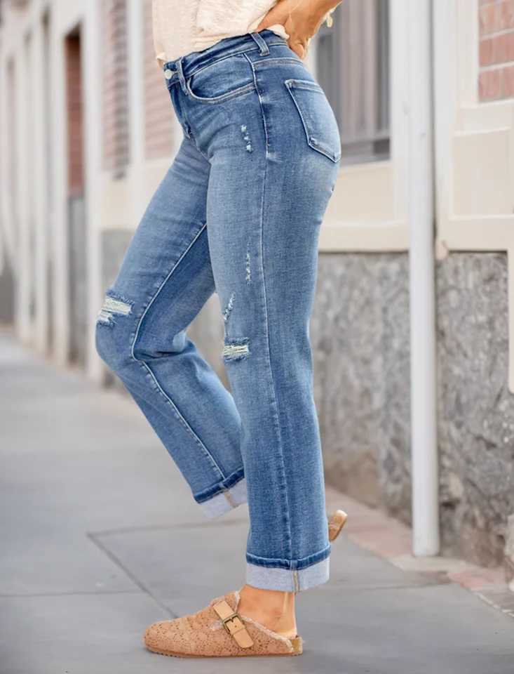New Womens Fashion Stretch Ripped Slim Fit Jeans with Pockets Trendy Elastic Straight Leg Denim PantsT251013