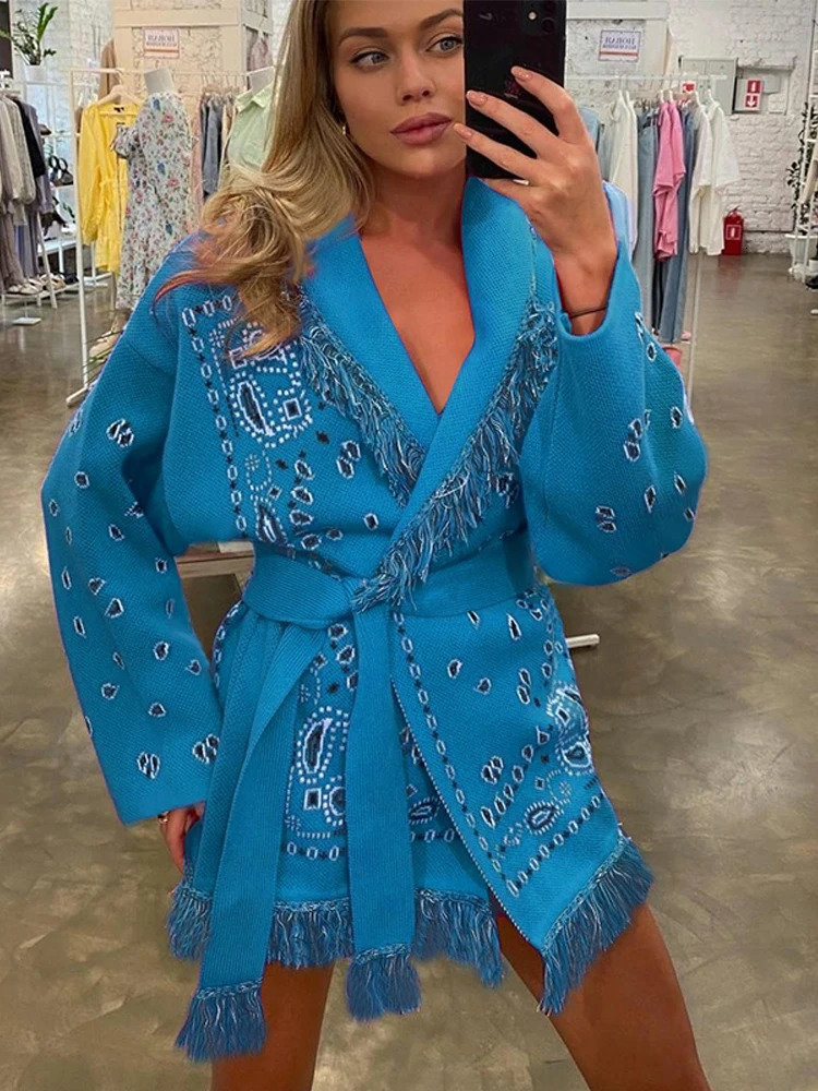 Print Fringed Hem Belted Cardigan Long Sleeve Loose KimonoStyle 2025 Autumn Casual Women Outerwear Holiday Trendy Lady Wrap 251011
