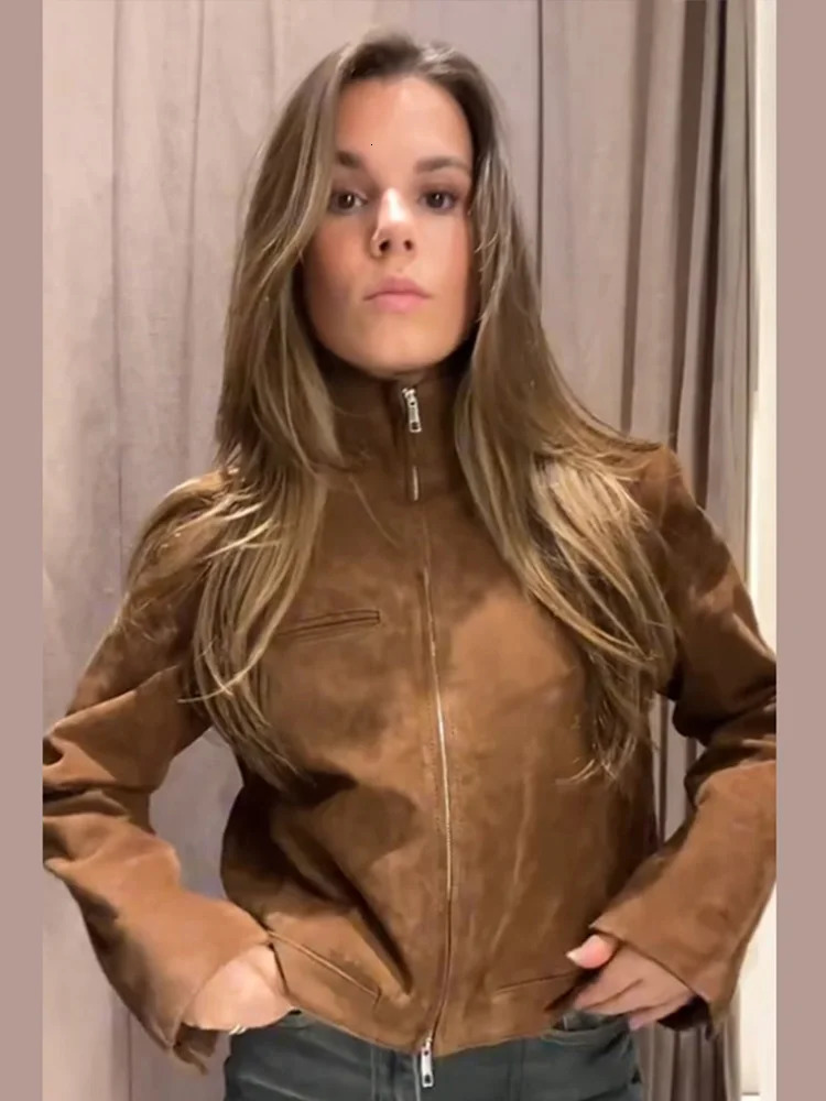 Stand Collar Suede Zipper Short Jackets Women Casual Slim Brown Long Sleeved Jacket Female Spring Chic Daily Style Outwear Tops 251009
