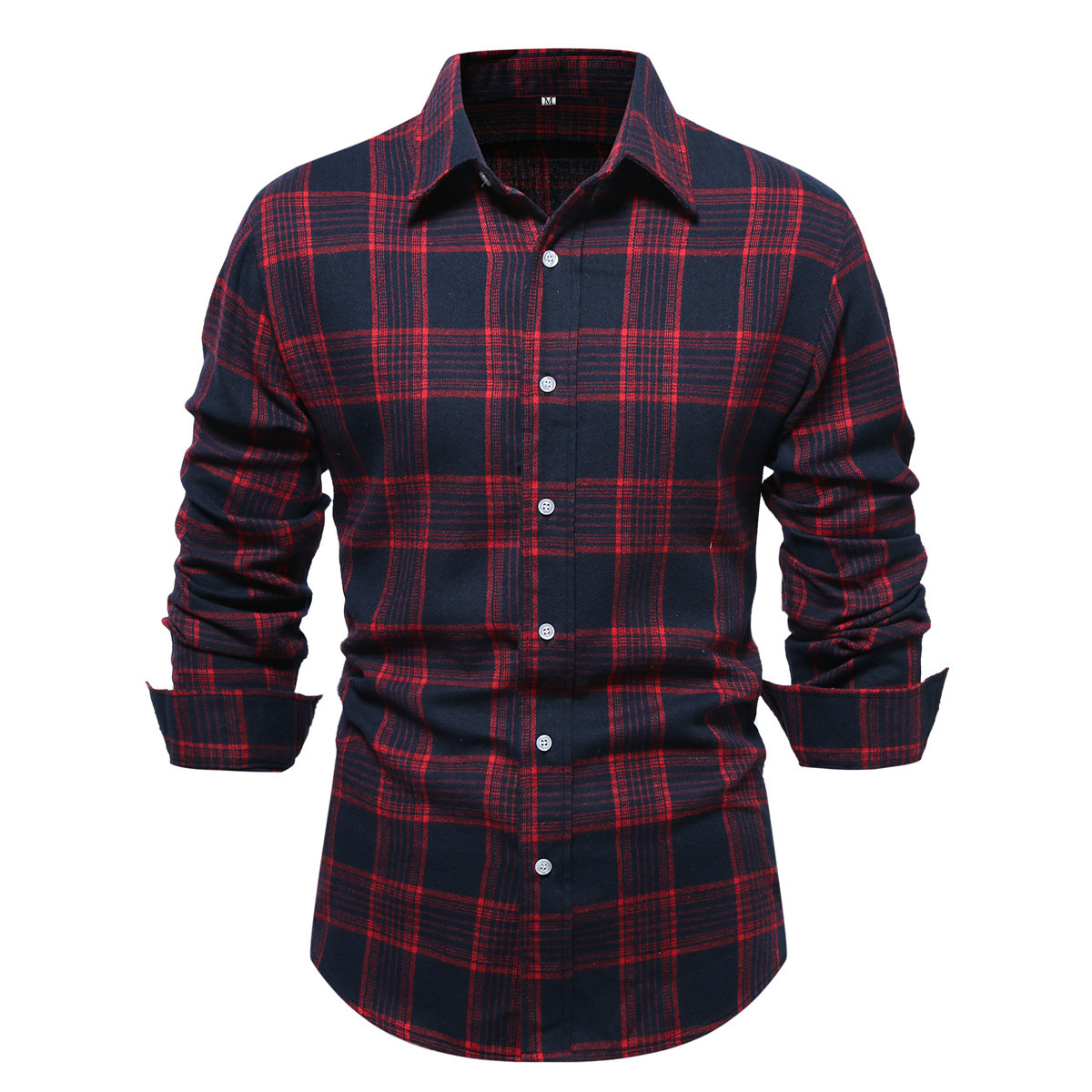 Youth Fashion Turn-down Collar Red Brushed Plaid Long Sleeve Shirt Business Casual Shirt Men's Autumn Winter Top
