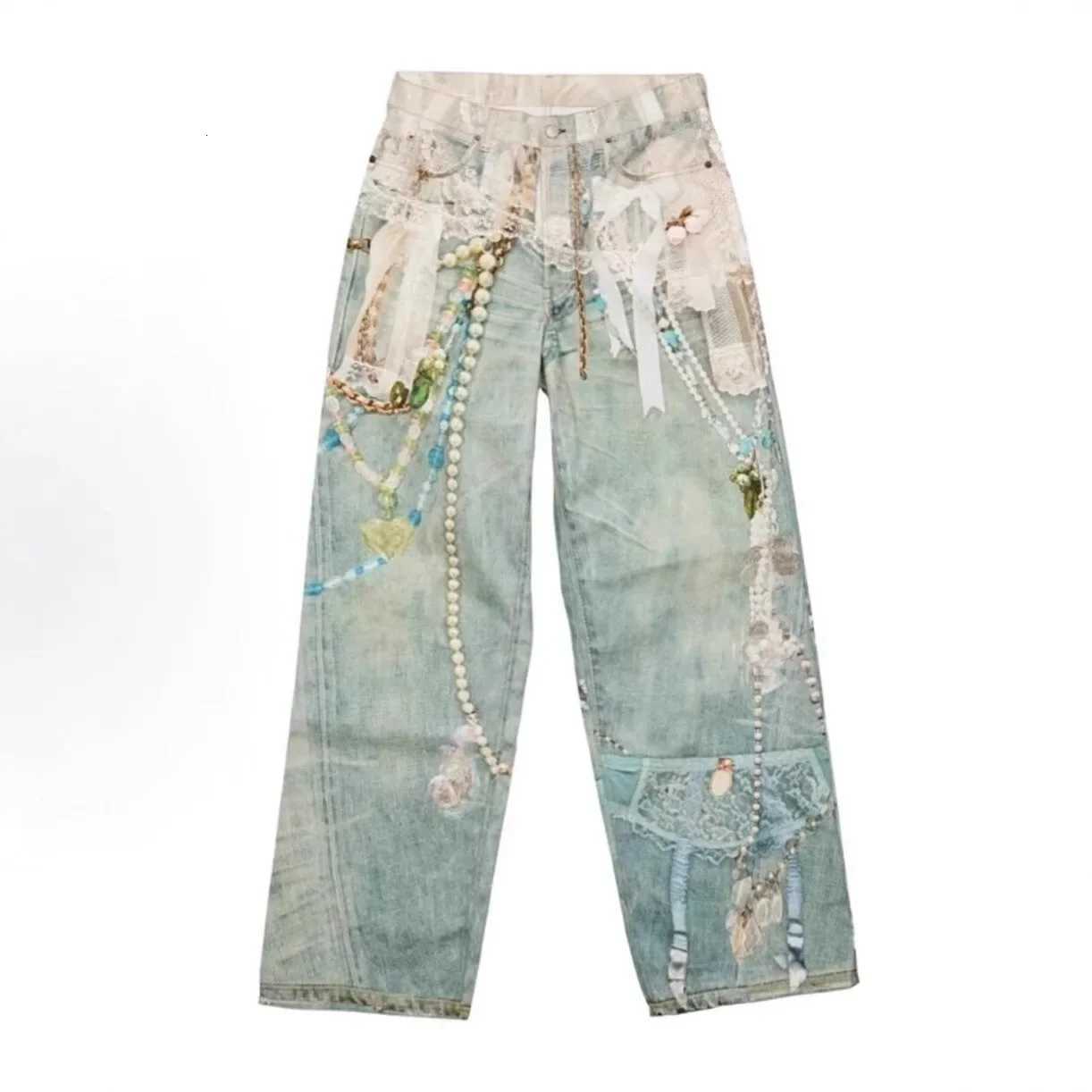 2025 New 3D Printed Lace Pearl Chain Printed Vintage Denim Jeans High Waist Straight Leg for Men And Women Trendy High Strt St C251013