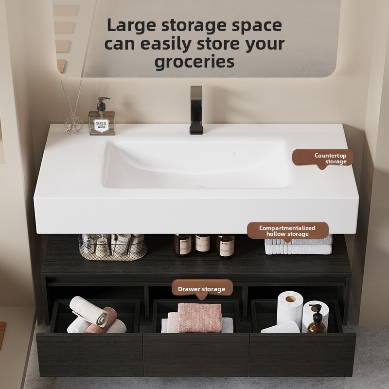 Bathroom Cabinet with Rock Slab Curved Integrated Basin, Multi-layer Solid Wood Wash Basin Set for Home Use