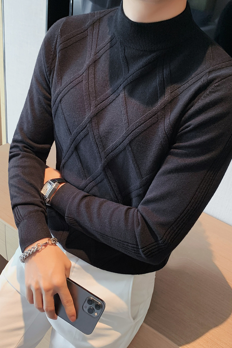 Men's High - Neck Textured Knit Sweater, Slim Fit with Geometric Pattern-8516