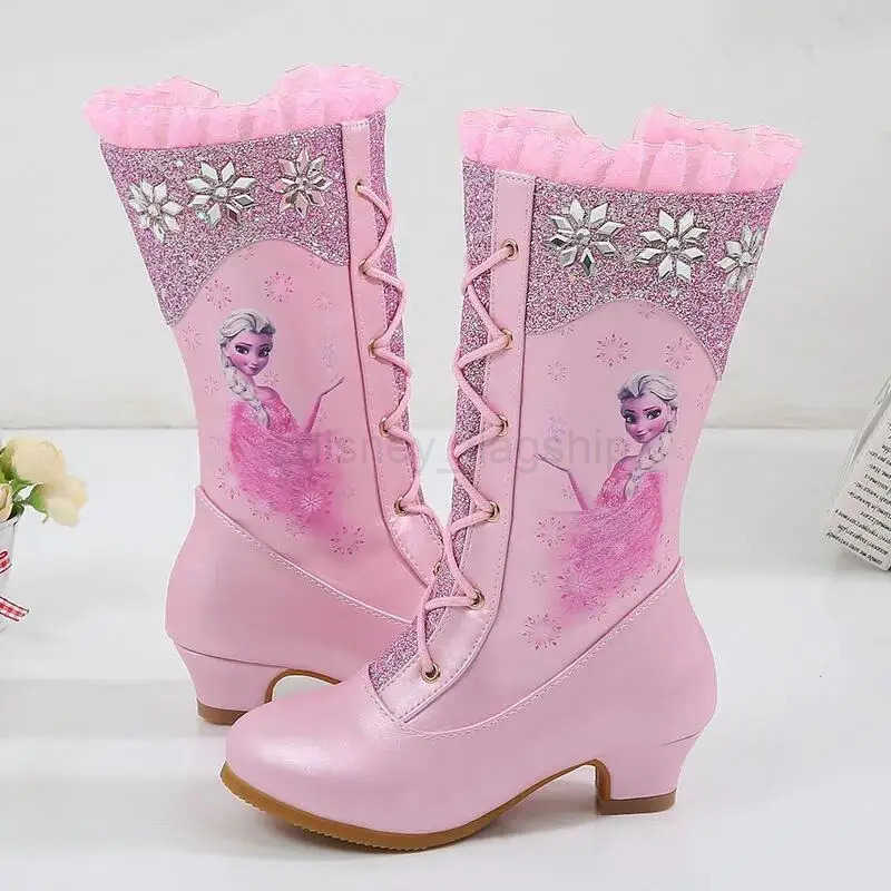 Disney Girls Leather Boots Winter Frozen Boots Side Zipper High Plush Princess Elsa Boots Warm Childrens Boots Size 2737XJ251013