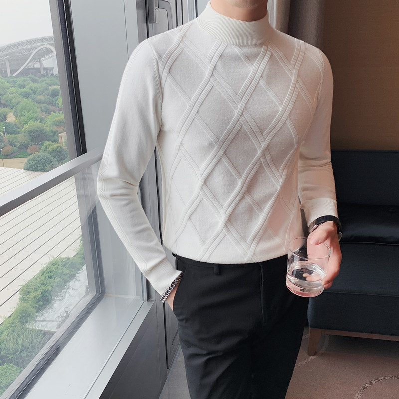 Men's High - Neck Textured Knit Sweater, Slim Fit with Geometric Pattern-8516