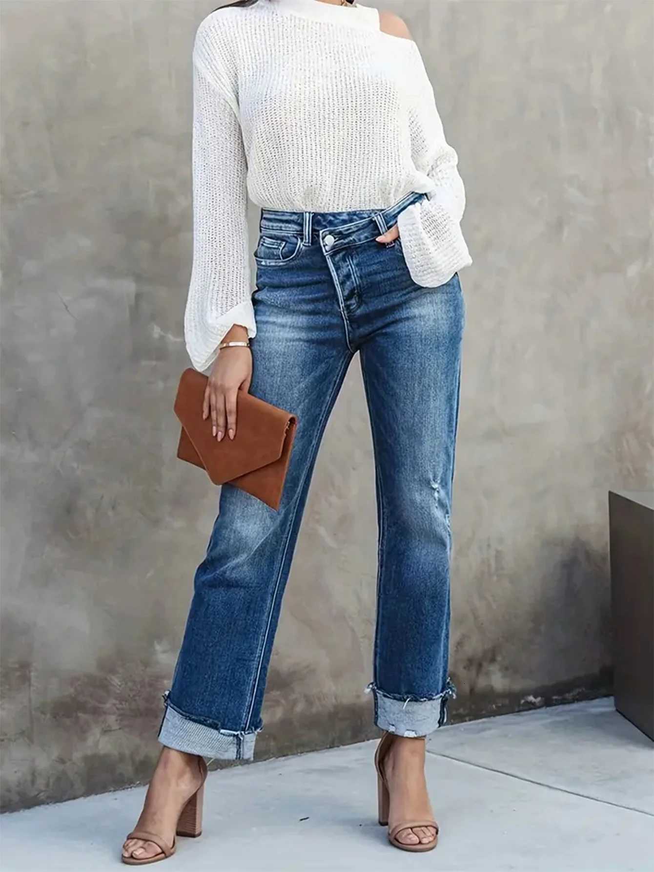Womens casual jeans comfortable commuter elastic asymmetric waist hole Denim trousersT251013