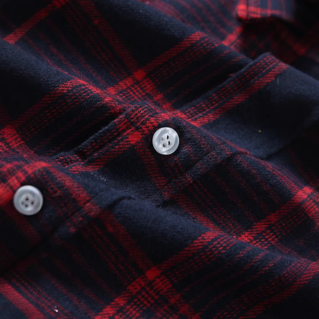 Youth Fashion Turn-down Collar Red Brushed Plaid Long Sleeve Shirt Business Casual Shirt Men's Autumn Winter Top