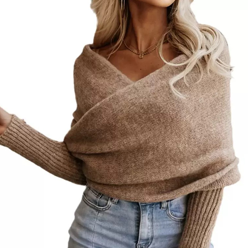 Women's Tops & Tees-Women's Long-Sleeve Shawl-Style Knit Top, Premium Craftsmanship Loose Elegant Blouse-301