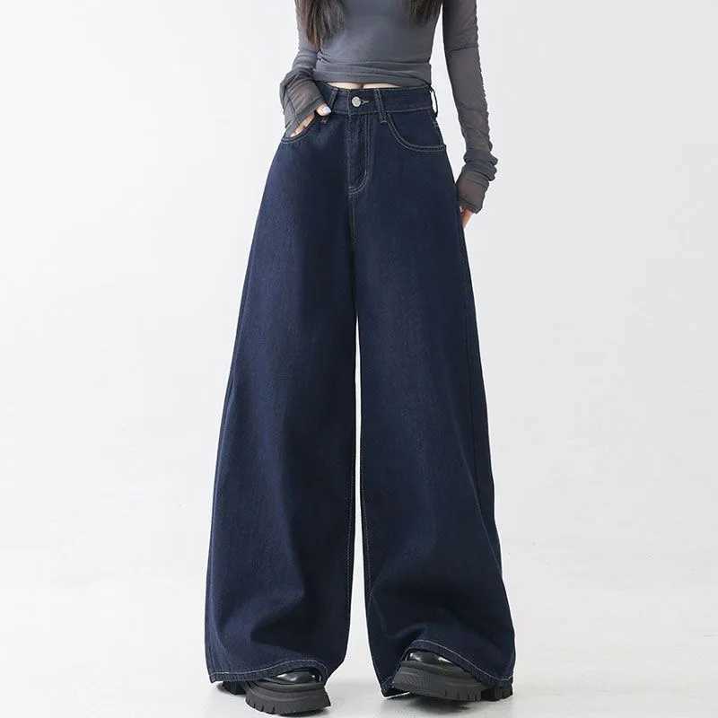 High Waist Straight Leg Loose Fit Denim Jeans Womens Floor Length Lazy Wide Leg Meat Concealing Deep Blue American Style Long PT251013