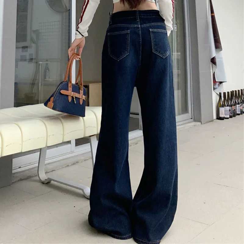 2025 Autumn Womens Y2K Jeans Versatile Navy FlannelLined Denim Pants Loose Straight Leg Drag Length Warm Trousers 2595T251013