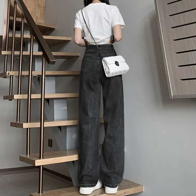 High Waist Straight Leg Wide Leg Jeans plus Size Womens Loose Fitting Pear Shape Body Slimming Floor Length PantsT251013