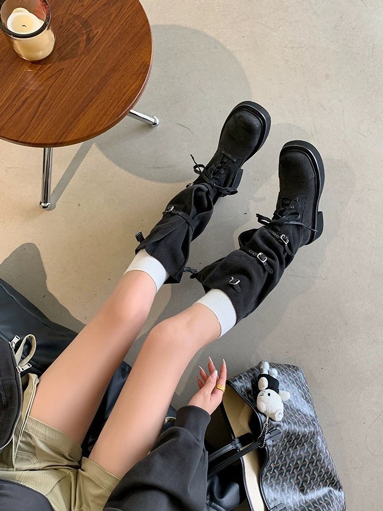 Cow leather suede women's long boots trend autumn and winter new loose waistband buckle French retro luxury women's boots designer boots