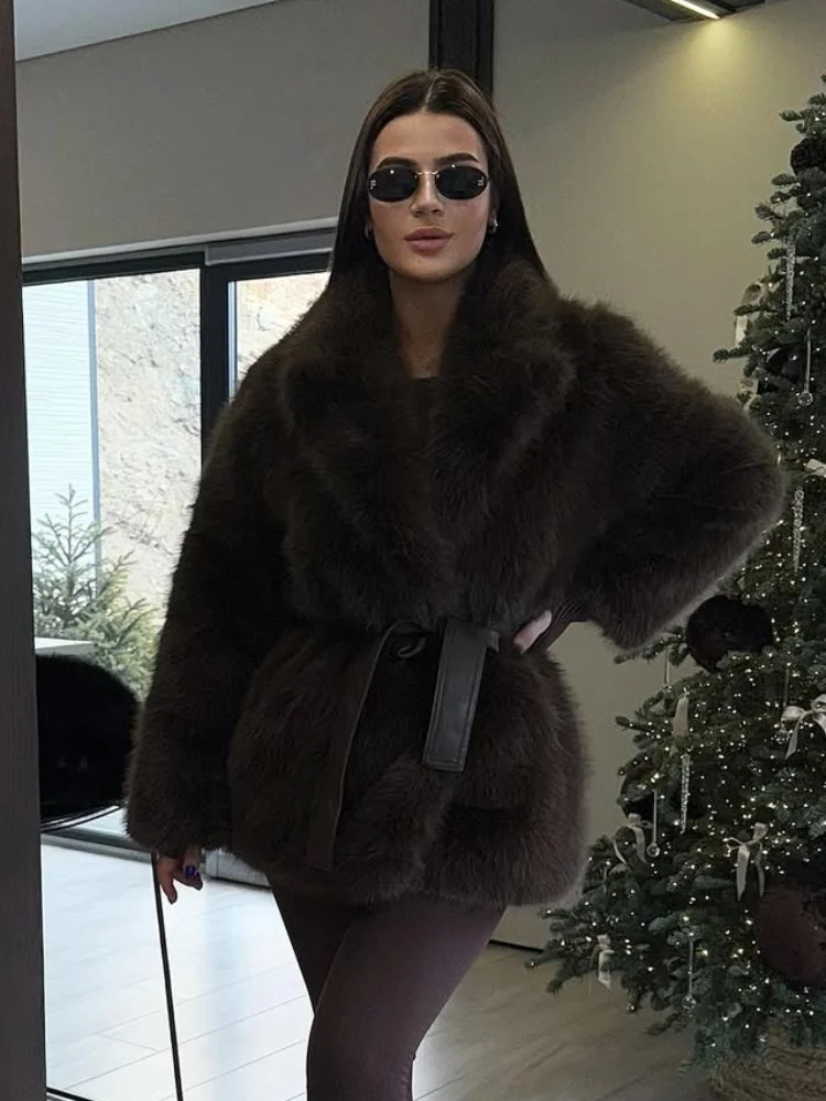 Fashion Womens Lapel Faux Fur Coat with Belt 2025 Winter Long Sleeve Female Thicken Warm Jackets Casual Lady Outerwear Street 251029