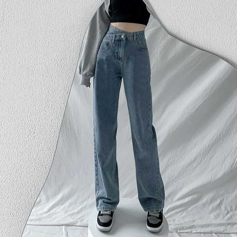 High Waist Straight Leg Jeans Womens Thin Design Asymmetrical Slant Button Slimming Wide Leg FloorLength PantsT251013