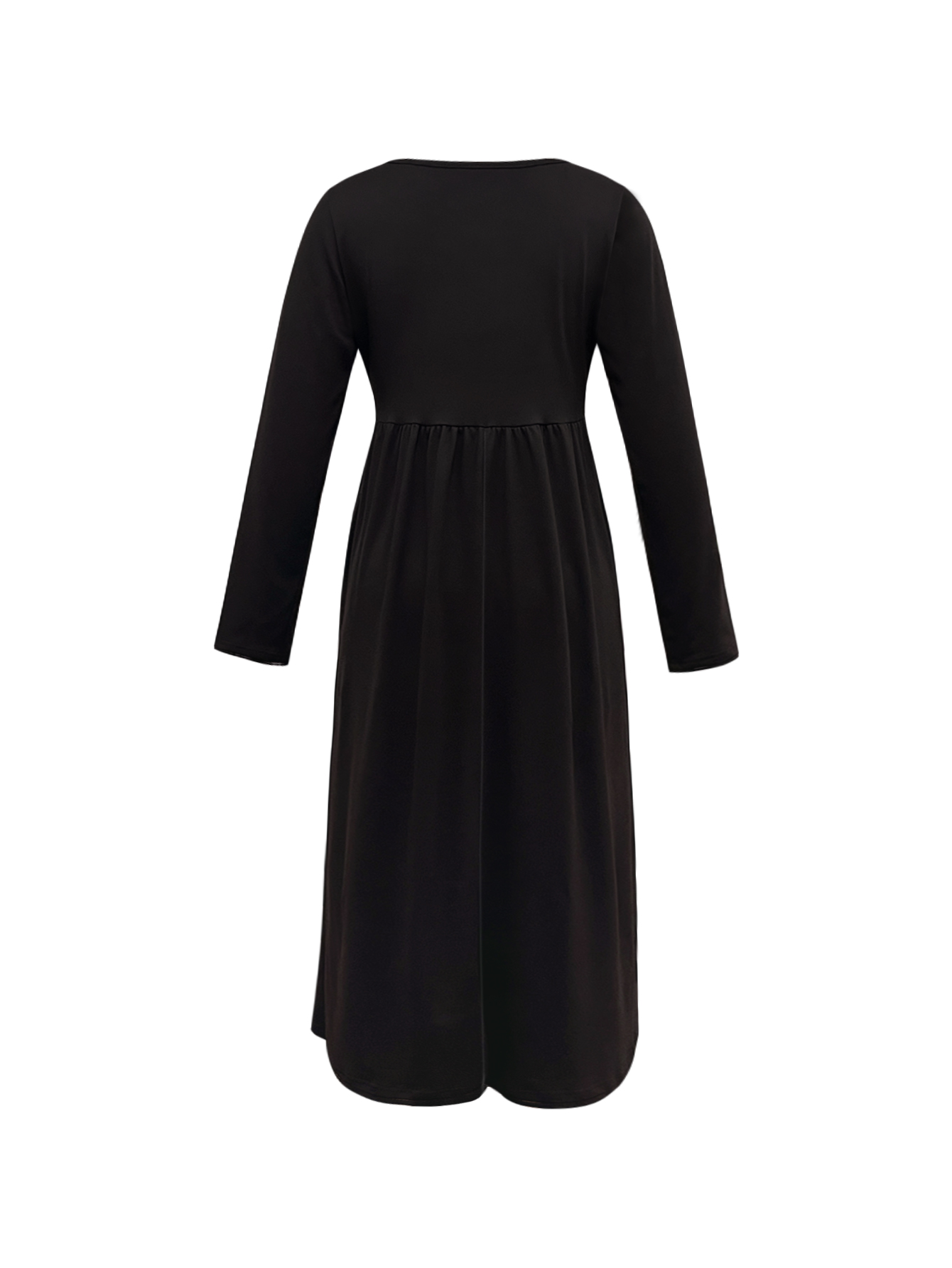 Women's Autumn Winter New Solid Color Round - Neck Long - Sleeve Midi Dress - Casual Daily & Outdoor Black Dress-CF51165