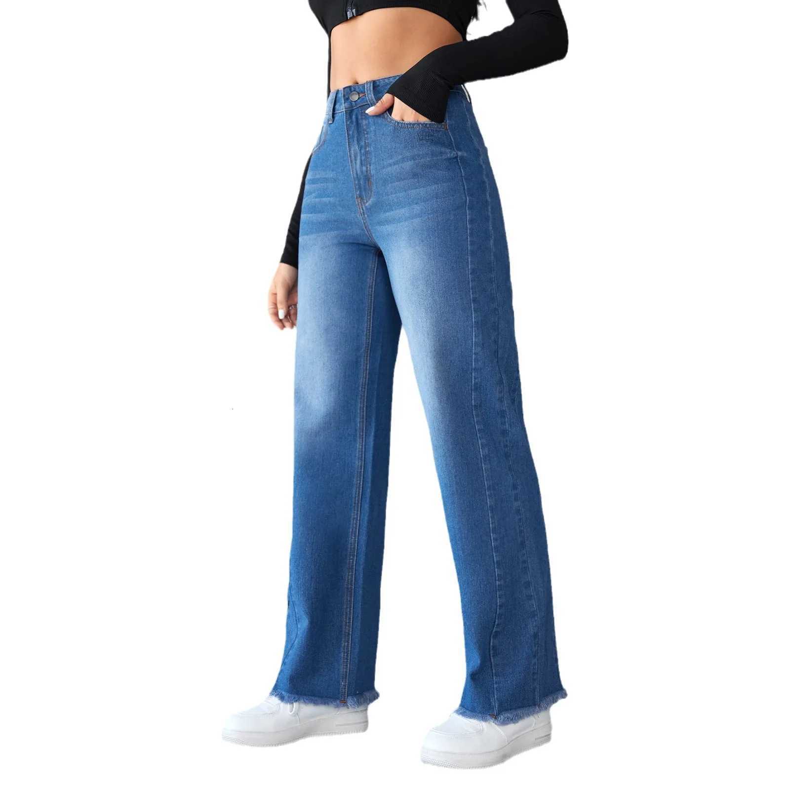 New Temperament Highwaisted Wideleg Jeans Four Seasons Fashionablesimplecomfortable and Casual Straightleg Jeans for WomenT251013