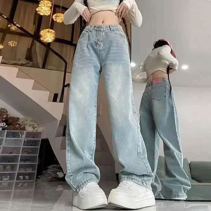 Retro American Wide Leg Denim Jeans Womens High Waist Straight Slimming Spring Autumn Drapey Slim FloorLength PantsT251013