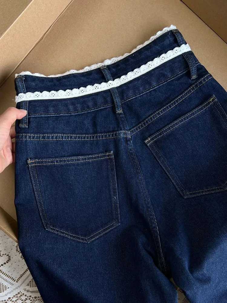 DFCF 2025 New Casual Straight Jeans Streetwear Vintage Blue Lace Spliced Jeans Women Y2K Fashion High Waist Loose Wide Leg PantsT251013