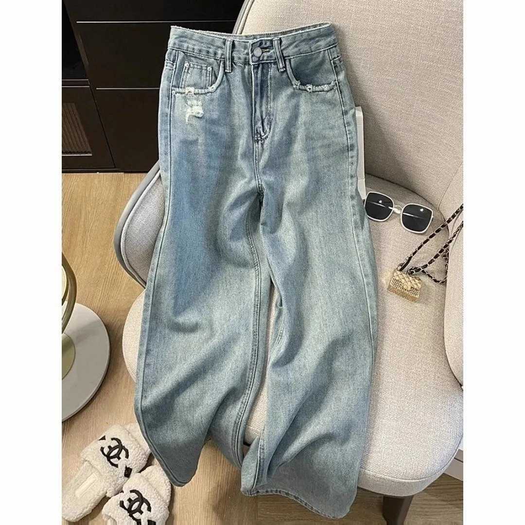 Casual Jeans Womens Straight Leg Denim Trousers Loose Fit High Waist Light Blue Wide Leg Vintage Ripped Design Autumn NewT251013