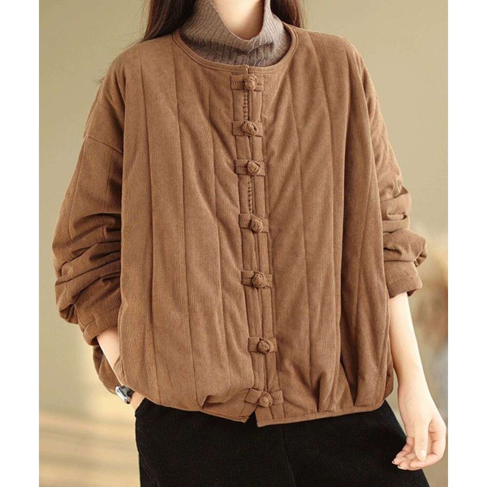Plus Size Artistic Loose Corduroy Quilted Jacket For Autumn And Winter New Chinese Style Button Warm Cotton Coat B5