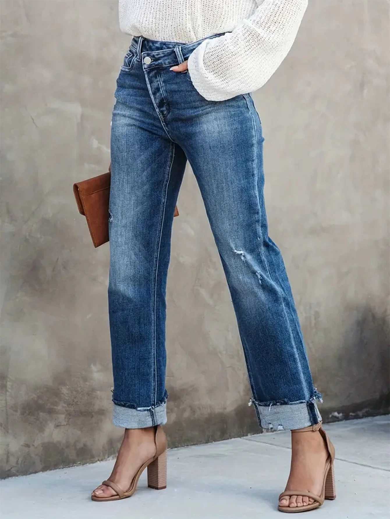 Womens casual jeans comfortable commuter elastic asymmetric waist hole Denim trousersT251013