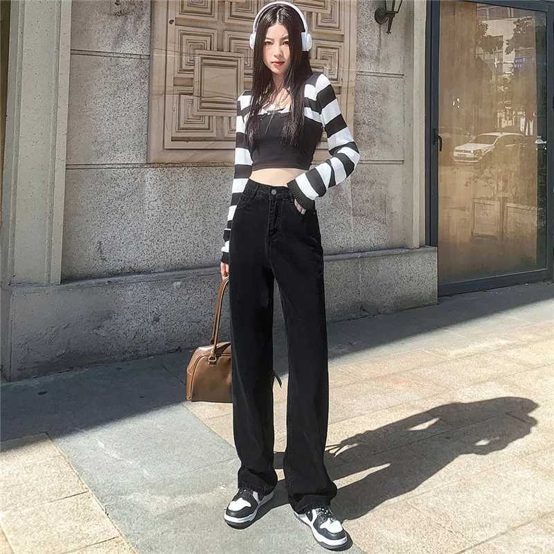Comfortable Womens Straight Jeans Skin Friendly Leisure Stretch Solid Black High Rise Boot Cut Pants Japanese Korean Y2k FashionT251013