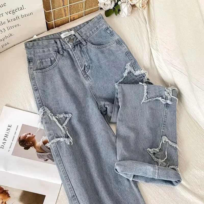 Womens Star Embroidered Denim Jeans High Waist Straight Leg Comfort Fit Korean Inspired Spring Autumn PantsT251013