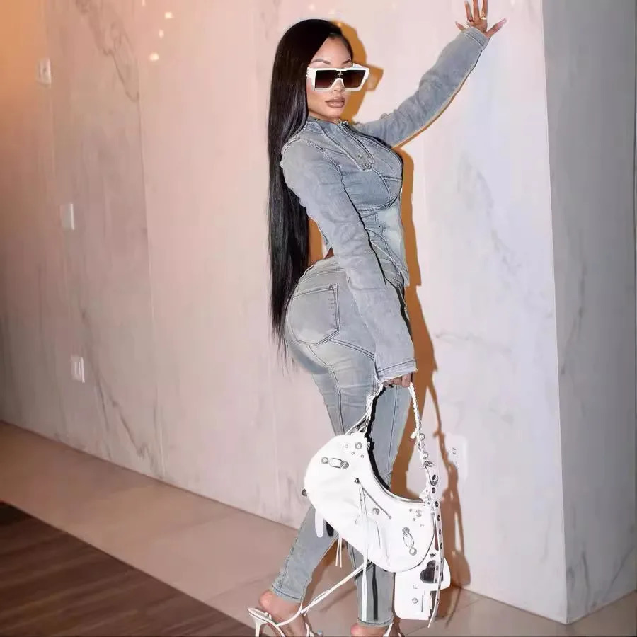 Denim Pant Set Women Two Piece Sets Matching Zipper Short Tops Coats Long Pants High Waist Slim Fit Y2k Streetwear 2025 251008