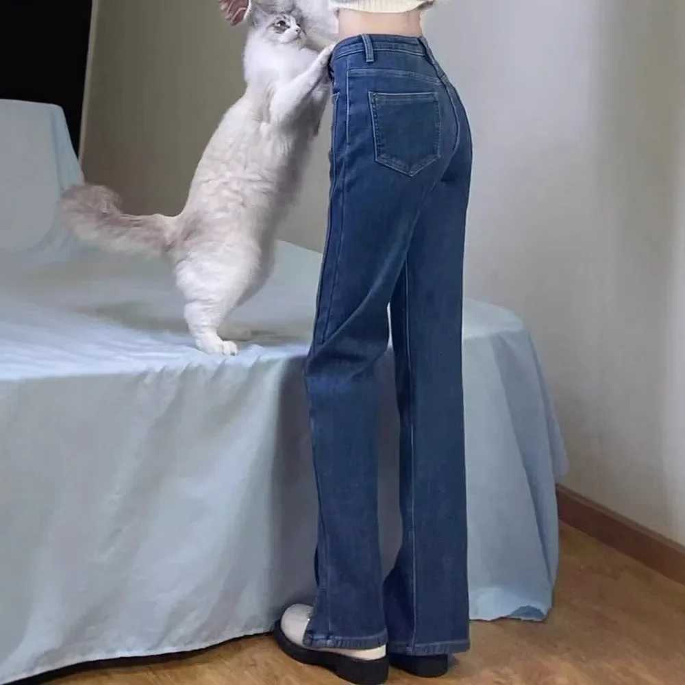 High Waist Straight Leg Jeans Slit Design Versatile Loose Slimming Floor Length Pants for Short Women Smoking Pipe PantsT251013