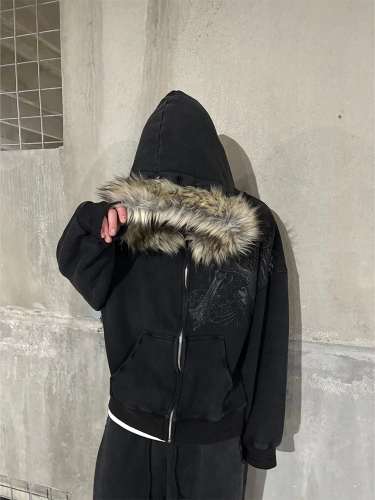 AutumnWinter Y2k Women Aesthetic Harajuku Faux Fur Collar Hoodies Clothes Graphic Hip Hop Punk Gothic Zip Up 251010