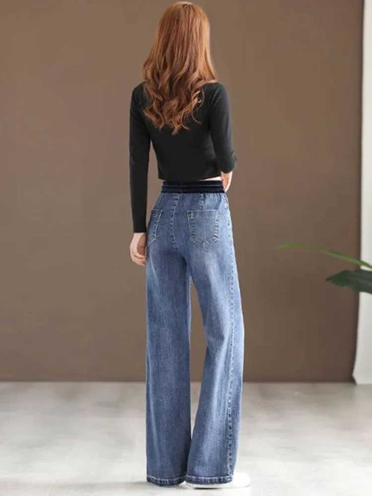 Winter Wide Leg Denim Pants Women Thicken Plush Velvet Lined High Waist Jeans Lace Up Warm Baggy Straight Vaqueros PantalonesT251013