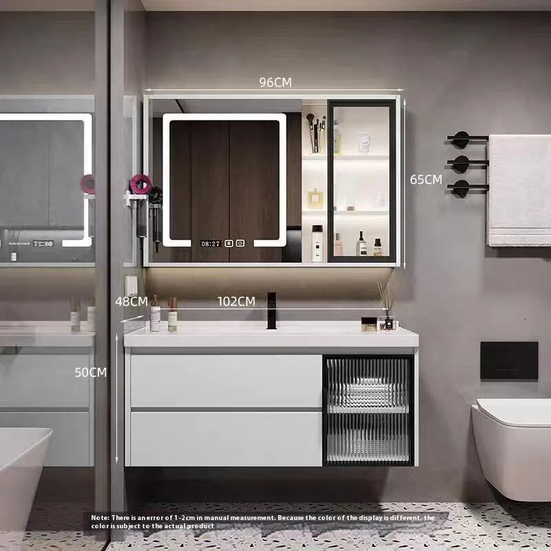 Modern minimalist bathroom cabinet with intelligent toilet ceramic integrated basin washbasin vanity set for face washing and hand washing.