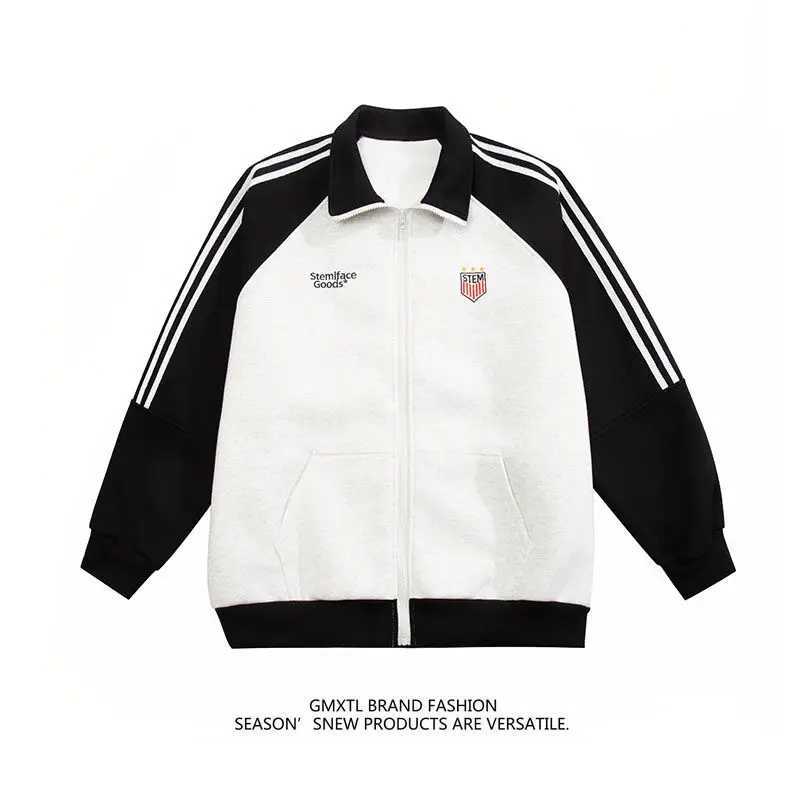 Hipster Color Striped Cardigan Sweatshirt Embroidered Spring Stand Collar Sporty Coat Loose Couple Outfit W251013