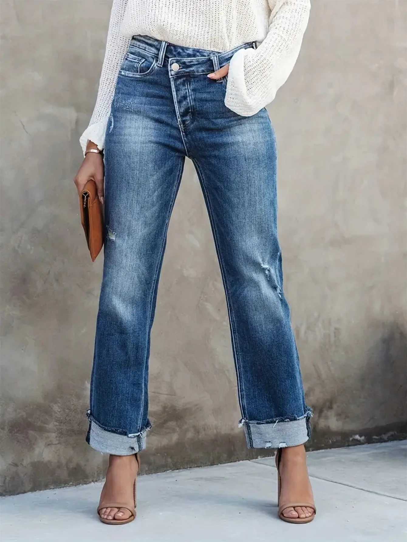 Womens casual jeans comfortable commuter elastic asymmetric waist hole Denim trousersT251013